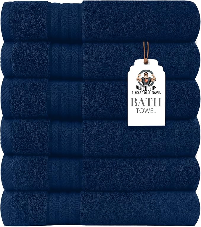 HERCULEAN Large Bath Towels 24 x 50 Pack of 6 | Quick Dry and Highly Absorbent | 100% Cotton Terry Towels for Bathroom - Perfect for Shower - Pool and Spa - Luxury Soft Towels - Navy Blue