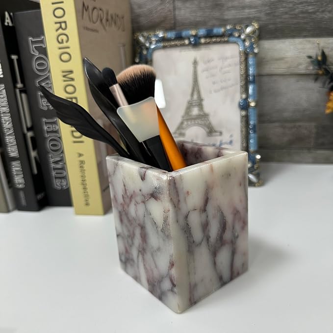 Natural Calacatta Viola Marble Pen Holder, Luxury Square Organizer Cup, Multi-Use Hand-Polished Storage for Desk, Bathroom Vanity, Kitchen Utensils & Makeup Brushes, 2.95” x 3.74”