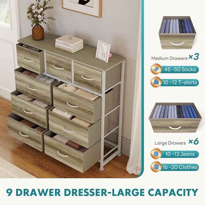 OLIXIS 9 Drawer Storage Dresser with Wood Top - Wide Fabric Chest Organizer for Bedroom, Closet, Living Room,Tower Cabinet, TV Stand, Hallway Entryway Furniture,Oak Greige