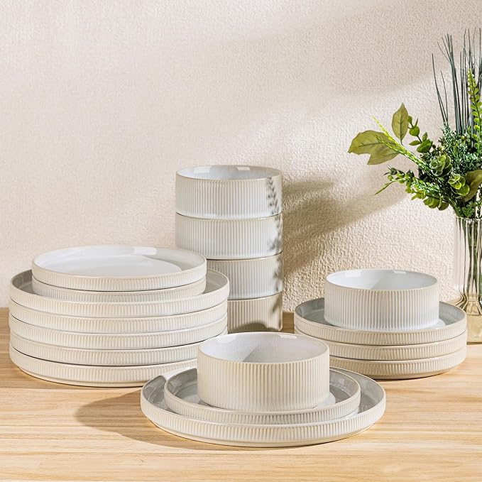 TheTerra Ceramic Dinnerware Sets for 6, 18 Pieces Porcelain Lightweight Plates and Bowls Sets, Scratch Resistant Dish Set, Oven & Microwave & Dishwasher Safe,Reactive White
