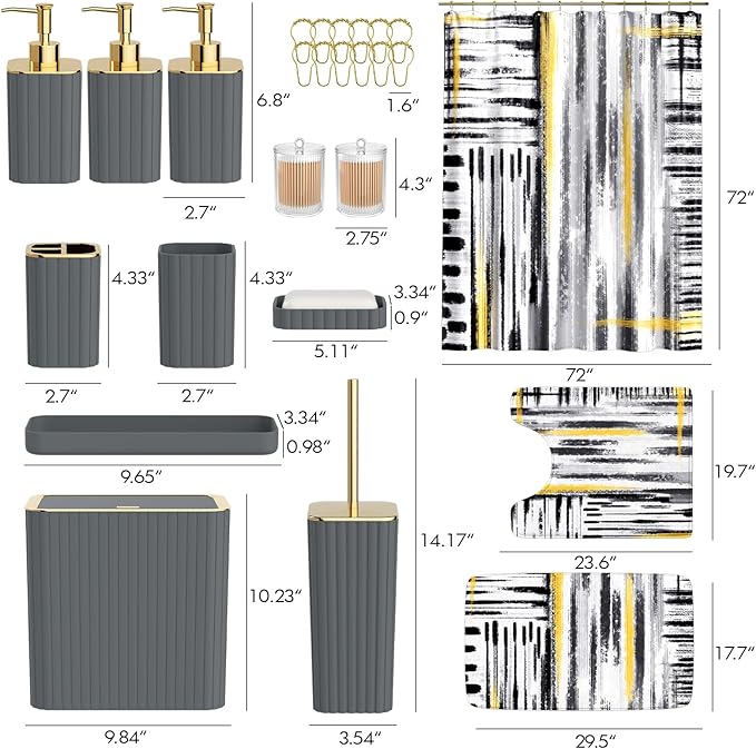 Bathroom Set - Bathroom Accessory Set, Grey Bathroom Set, 26PC Bathroom Sets with Shower Curtain and Rugs, Toilet Brush, Trash Can, Qtip Holder & Bathroom Soap Dispenser Set