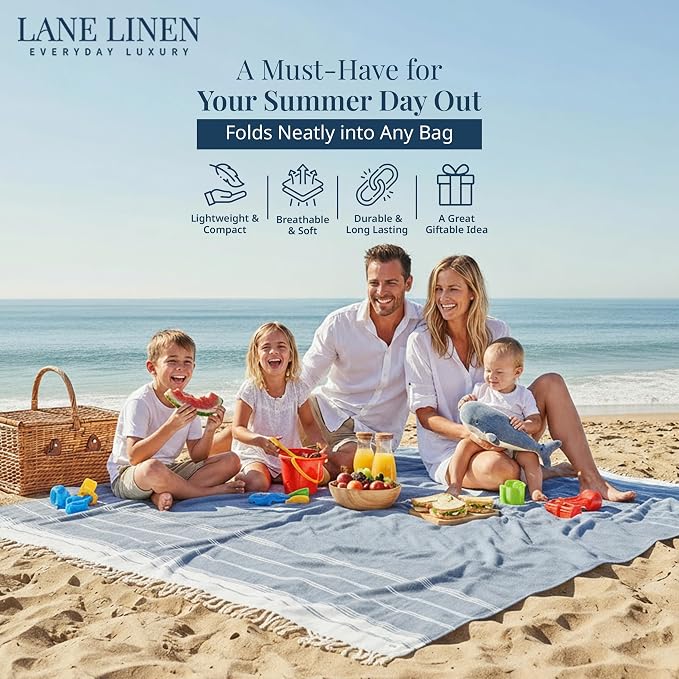 LANE LINEN Beach Blanket Sand Free, Soft & Large Beach Towel - Navy Blazer | Oversized Beach Mat, 82"x82" - For Sand, Grass, Gravel & Poolside - Folds Compact, Easy To Carry - Roomy Family Size