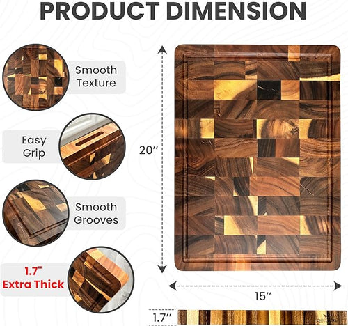 (1.7" Extra Thick & Large) 20"x15" American Black Walnut Wood End Grain Cutting Board for Kitchen with Juice Groove, Heavy-Duty Butcher Block, Wooden Chopping Board, Charcuterie Boards