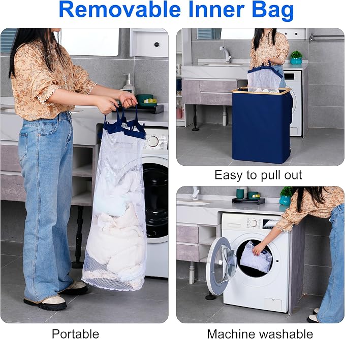 efluky Laundry Hamper with Lid, Trio Laundry Basket with 2 Removable Bags, 3 Section Laundry Bin with Bamboo Handles for Bathroom, Bedroom & Laundry Room, 160L (42.3 Gallon) Blue