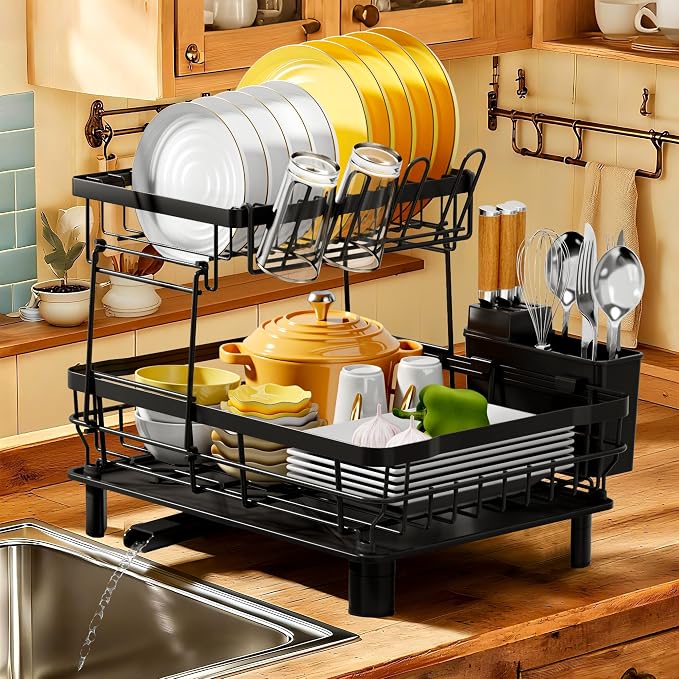 MOUKABAL 2 Tier Dish Drying Rack with Drainboard for Kitchen Counter, Black | 13×17 Large Capacity/Rustproof Stainless Steel/Fast Drainage Dish Drainer/Removable Utensil Holder/Kitchen Counter Organizer