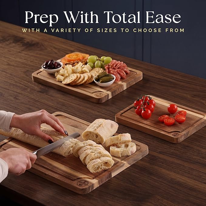 Pre-Oiled, Non Toxic 3-Piece Acacia Cutting Board Set with Stand | 15.7 x 11.8 in, 13 x 9.4 in, 10.2 x 7.1 in · FSC certified · Includes 3.4 fl oz oil · Deer & Oak