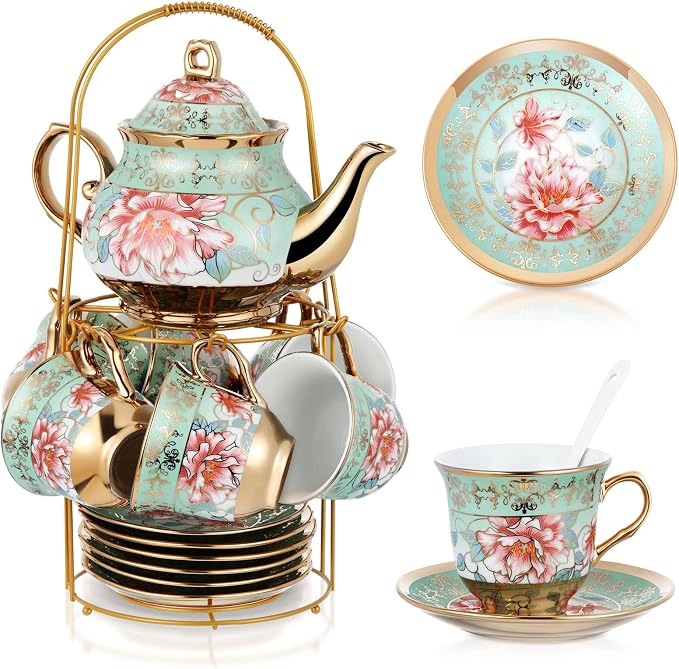 Zhehao 20 Pcs Porcelain Tea Set with Metal Holder and Spoon Adult Ceramic Tea Set European Flower Painting Teapot Cup Saucer Spoon for Women Mom Gift, Large Version (Fresh Style)