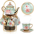 Zhehao 20 Pcs Porcelain Tea Set with Metal Holder and Spoon Adult Ceramic Tea Set European Flower Painting Teapot Cup Saucer Spoon for Women Mom Gift, Large Version (Fresh Style)