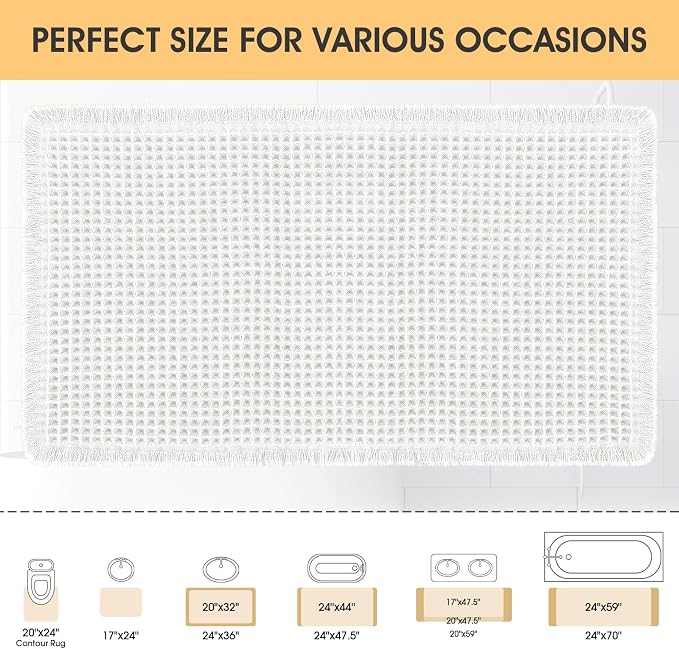 IM HOME Waffle Bath Mat White 32"x20", Boho Woven Modern Bath Mat Rugs, Absorbent Non Slip Bathroom Rugs, Soft Washable Bath Rugs with Tassels for Bathroom, Bedroom, Kitchen, Shower, Tub