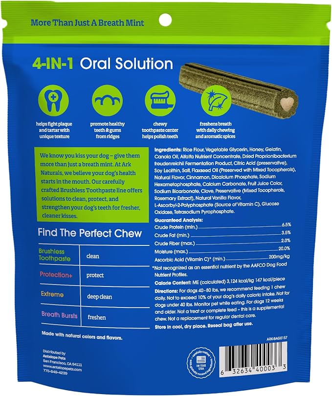 Ark Naturals Brushless Toothpaste Dog Dental Chews - Large Breeds (10 ct) | Vet Formulated Dog Dental Chew with Toothpaste Center - Freshens Breath, Reduces Plaque & Tartar