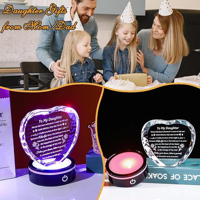 YWHL Daughter Gifts from Mom Dad Best Birthday Graduation Gifts Ideas for Adult Daughter Crystal Keepsake Present with Light Base Gift for Daughters on Christmas Valentines Mothers Day
