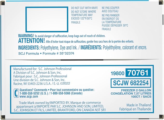 SC Johnson Professional Ziploc Professional Freezer Bags, For Food Organization and Storage, Double Zipper, 2 Gallon, 100 Count