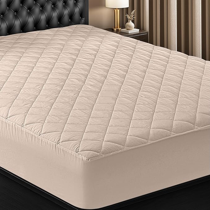 Quilted Fitted Mattress Pad, Full Mattress Protector Topper with Deep Pocket Stretches up to 16 Inches, Machine Washable Mattress Cover by Utopia Bedding (Beige)