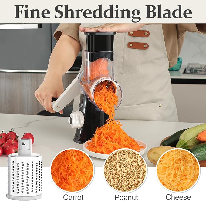 Cambom Rotary Cheese Grater Hand Crank Cheese Shredder for Fresh Cheese, Vegetable, Nuts,Non-slip Suction Base, Five Blades, Black