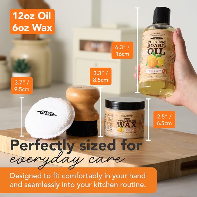 CLARK'S Food Grade Cutting Board Full Care Kit, Orange Lemon Scent - 4 Pack | Includes Food Grade Mineral Oil, Cutting Board Wax, Oil & Wax Applicators, Buffing Pads - Restores & Protects