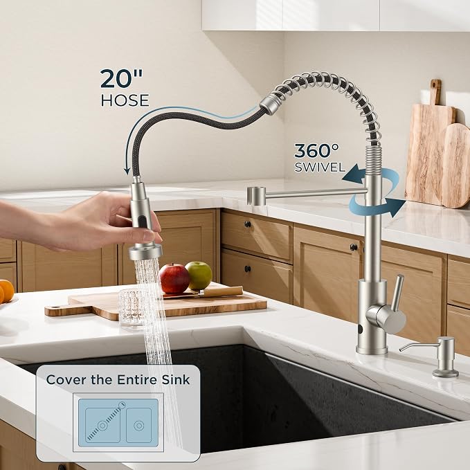FORIOUS Touchless Kitchen Faucet with Soap Dispenser, Brushed Nickel | Single Handle Stainless Steel, Smart Hands-Free Sink Faucet with Pull Down Sprayer for Camper Rv Bar, Motion Sensor Activated