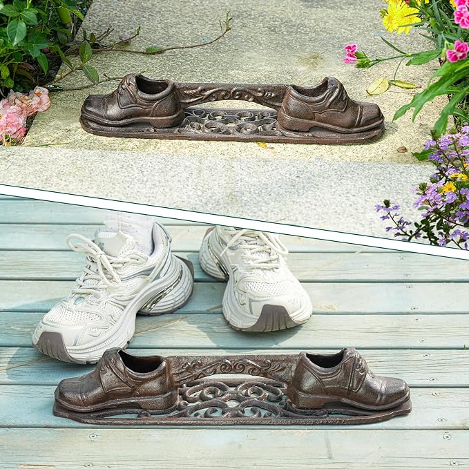 Sungmor Vintage Cast Iron Boot Scraper,Heavy Duty Rustic Brown Shoes Boot Cleaner,Farmhouse Front Door Shoe Scrubber Mat,Decorative Garden Mud Cleaner