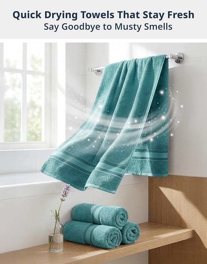 LANE LINEN Bath Towel Set Absorbent Quick Dry 100% Cotton 4 Piece - Teal | Set Of Towels - OEKO-TEX Certified, Zero-Twist Durability, Zero-Twist Cotton, Terry Weave Comfort, Long-Lasting Comfort