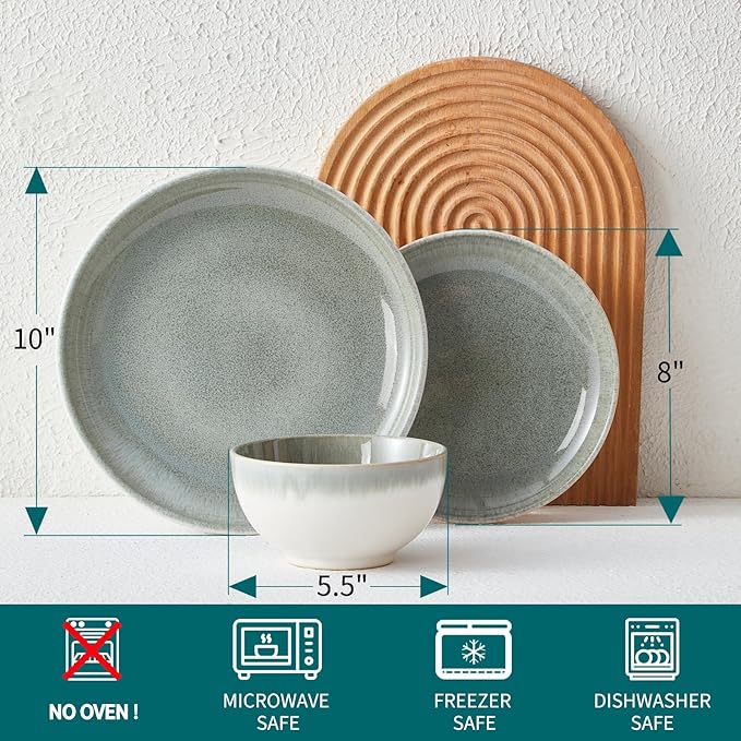 Pokini Ceramic Dinnerware Sets for 6, 18 Pieces Stoneware Plates and Bowls Sets, Chip and Stain Resistant Modern Dishes, Dishwasher & Microwave Safe Dinner Set, Gradient Green