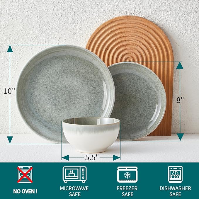 Pokini 24 Piece Dinnerware Sets for 8, Modern Stoneware Plates and Bowls Sets, Perfect for Family Gatherings & Holiday Celebrations, Easy Cleaning Dishes, Stack Compactly Plate Set, Gradient Green