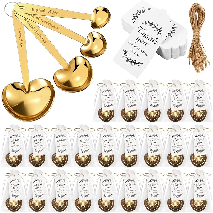 Umigy 30 Set Heart Shaped Measuring Spoon Tea Spoons Wedding Baby Shower Favors for Guests Set Heart Shape Drawstring Organza Bag Gift Tag Rope for Wedding Bridal Shower Souvenir (Gold)