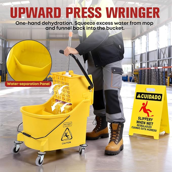 Matthew Cleaning 44Quart Commercial Mop Bucket INCL.Wet String Mop& 19'' Industrial Wet Floor Sign with Side Press Wringer On Wheels,Tandem Portable Floor Cleaning Wavebrake,Ideal for Household