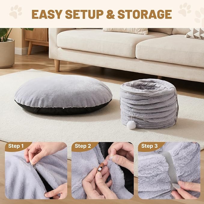 Extra Large Cat Tunnel, 47.2in Multi-Cat Family Big Cat Tunnel for Cats, Long Cat Tunnel Bed with Washable Plush Mat, XXL Pet Play Tunnel Toy for Cats, Puppy, Rabbits Grey