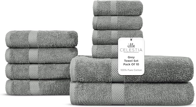 Villa Celestia 10-Piece 100% Cotton Towel Set, 2 Bath Towels, 4 Hand Towels, 4 Wash Cloth, Quick-Dry, Grey