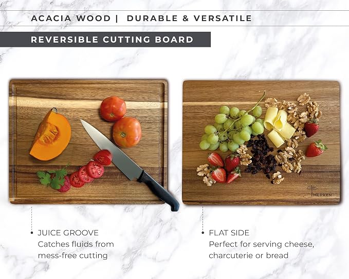 Acacia Wood Cutting Board – 15"x12" Butcher Block – Reversible Chopping Board with Juice Groove – For Pizza, Meat, Veggies, Charcuterie – Knife Friendly Kitchen Decor