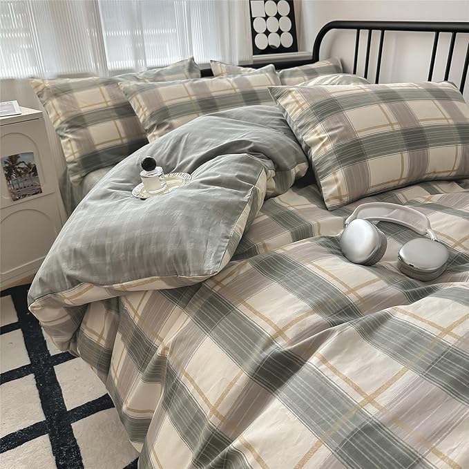 mixinni Green Grid Duvet Cover Set Queen - Vintage Buffalo Plaid Bedding Set-Green &Yellow&Beige, Soft Cotton Geometric Checkered Bedding Set with 2 Pillowcases for Boys, Girls, Teens