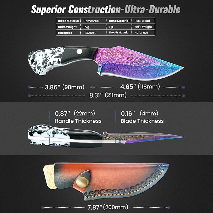 Premium Hunting Knife with Leather Sheath, 4.2" Damascus Style Fixed Blade Knife, Rainbow Titanium Coated German High Carbon Steel, Two-Tone Wood Handle,Unique Outdoor EDC Knife Gift for Men and Women (Dazzling colors)