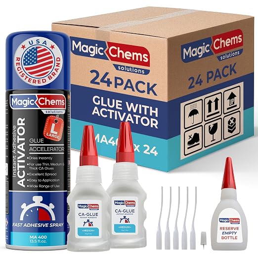 CA Glue with Activator (48 x 1.7 oz + 24 x 13.5 fl oz Activator), Cyanoacrylate Adhesive for 3D Printing & Acrylic, Strong Bond Super Glue Accelerator Set (24 Pack)