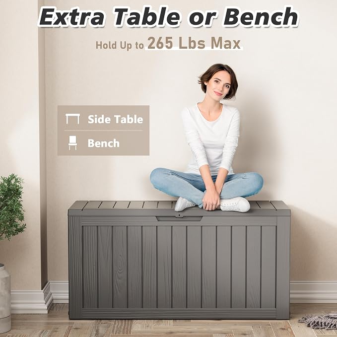Deck Box, 82 Gallon Resin Indoor and Outdoor Storage Box Waterproof for Garden Tools, Pool Accessories Storage Bench, Patio Furniture and Cushions with Lockable Lid, Grey