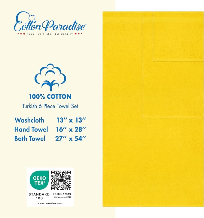 Cotton Paradise 100% Cotton Turkish Towel Set, Soft Absorbent Quick Dry, 6 Piece Towel Set, Yellow