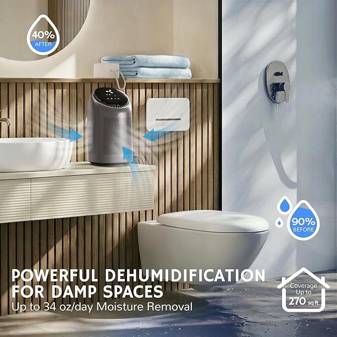 Airthereal Zephyr AZH200 Air Purifier and Dehumidifier Combo, 34 oz Small Dehumidifier with HEPA Filter, Up to 270 Sq Ft, Auto Shutoff, Ultra-Quiet for Bedroom, Bathroom, RV, Closet