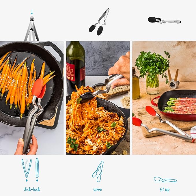 Dreamfarm Clongs Grippy Silicone & Stainless Steel Kitchen Cooking Tongs with Click-Lock Open & Close - 12" Black | Stainless steel, strong-grip non-stick safe tips, one-handed button lock open and close, sit-up handles for mess free benches