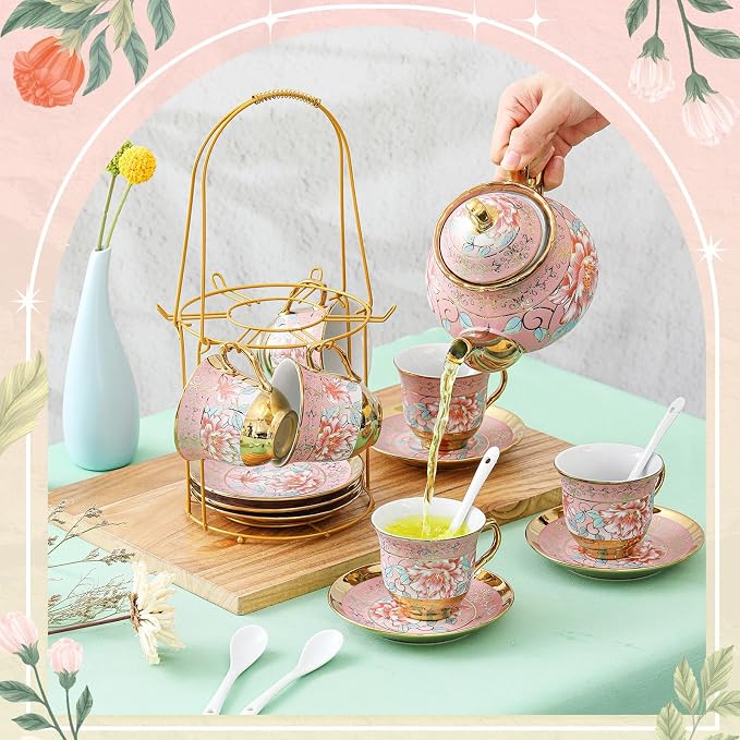 Zhehao 20 Pcs Porcelain Tea Set with Metal Holder and Spoon Adult Ceramic Tea Set European Flower Painting Teapot Cup Saucer Spoon for Women Mom Gift, Large Version (Pink Style)