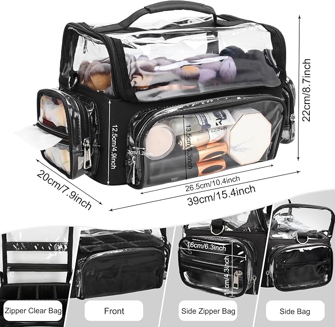 TANTO Makeup Brush Case, Clear Extra Large Cosmetic Organizer Holder Professional Makeup Artist Train Case with Adjustable Dividers&Strap Portable Makeup Brush Holder (02A-Black（XX Large）)