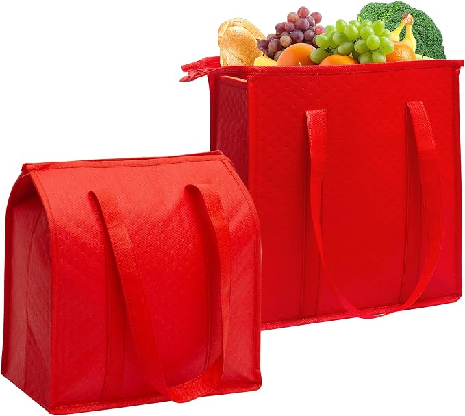 Christmas DIY Insulated Grocery Bags with Zippered Top – 10 DIY Stickers Included, Thermal Tote Cooler Bags for Frozen Food, Reusable Travel Grocery Tote for Shopping & Picnic, 2pcs
