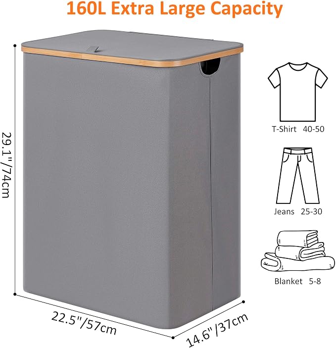 efluky Laundry Hamper with Lid, Trio Laundry Basket with 2 Removable Bags, 3 Section Laundry Bin with Bamboo Handles for Bathroom, Bedroom & Laundry Room, 160L (42.3 Gallon) Silver Grey