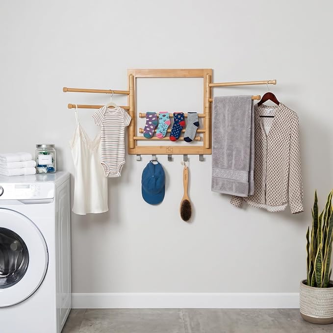 Honey-Can-Do Bamboo Wall-Mount Swivel-Arm Drying Rack, 80 lb, Natural | Wall-mount bamboo rack with 8 swivel arms holds 80 lb; folds to 1.7 in deep. Ships assembled with 5 steel hooks.