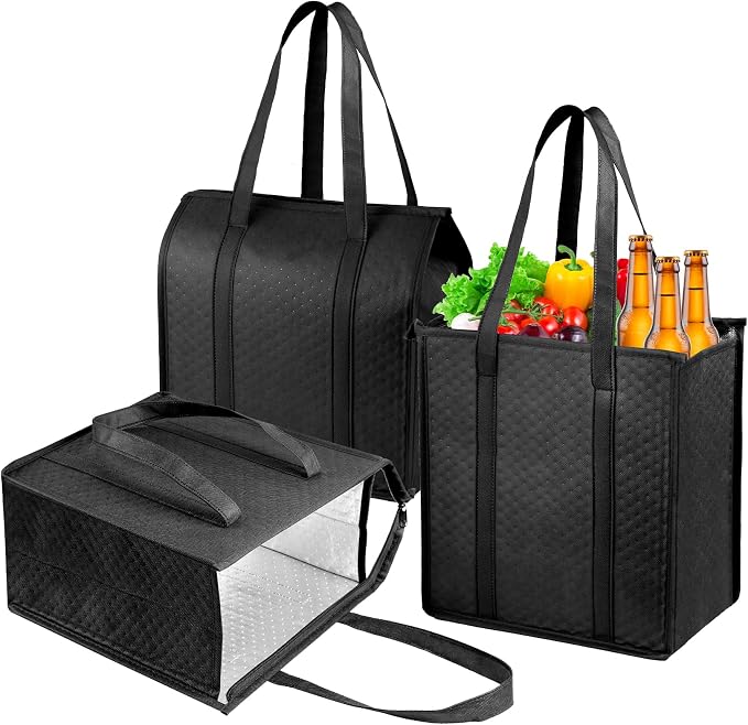 3 Pack Cooler Grocery Tote Bags, 18L Zipper Closure Handbags | reusable insulated storage, retain temperature, great for beach trips, camping, picnic, daily grocery & food delivery