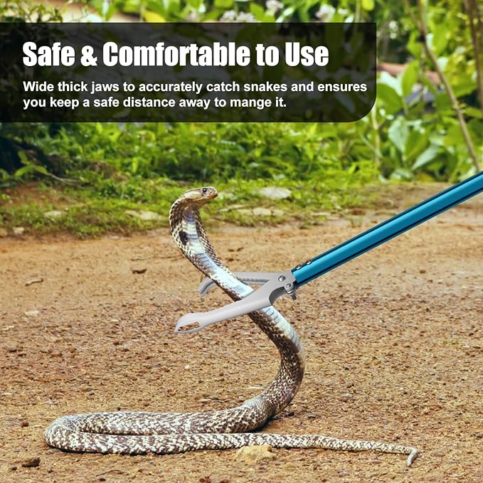 60" Snake Tongs, Professional Aluminum Alloy Standard Reptile Grabber Reacher | Snake Catcher Wide Jaw Handling Tool for Outdoor, Garden, and Emergency Use