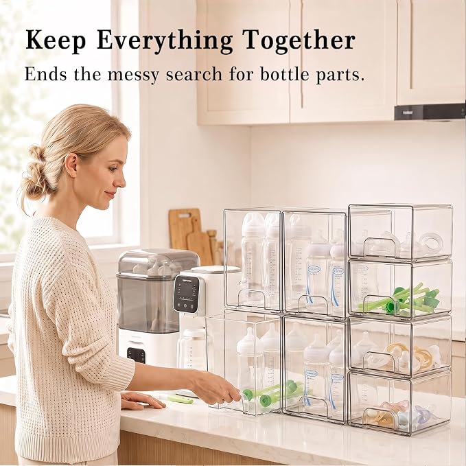 Clear Stackable Storage Drawers: Baby Bottle Storage Organizer, Acrylic Bottles Station Organizer Container for Countertop, Vanity, Bathroom, Cabinet Organization - 8 Pack