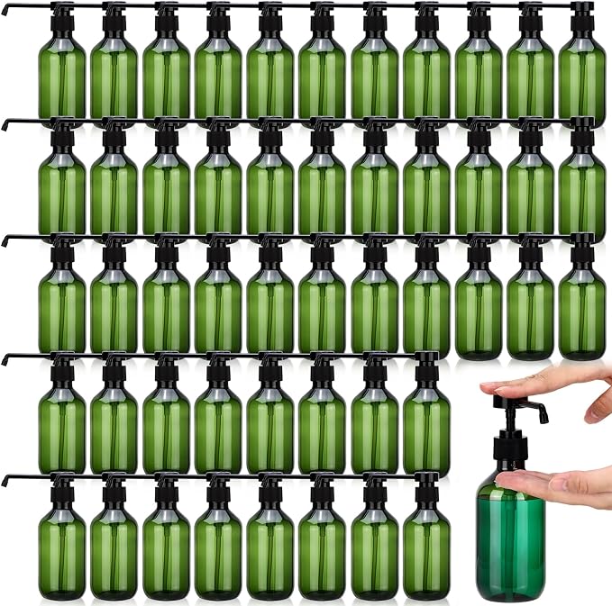 50 Pack Plastic Soap Dispenser Bulk Empty Pump Bottles Dispenser with Long Pump 10 oz Refillable Dish Soap Hand Washing Bottles Lotion Bottle for Kitchen Bathroom(Transparent Green)