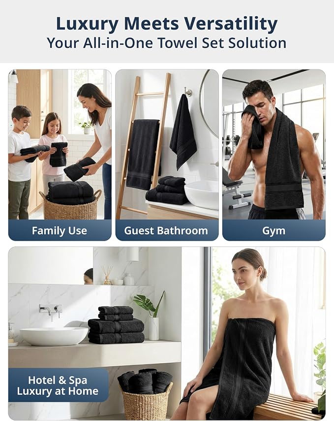 LANE LINEN Towel Set for Bathroom Soft Absorbent Quick Dry 6 Piece - Black | Set Of Towels - Dobby Border Accent, OEKO-TEX Certified, Zero-Twist Durability, Zero-Twist Cotton, Terry Weave Comfort
