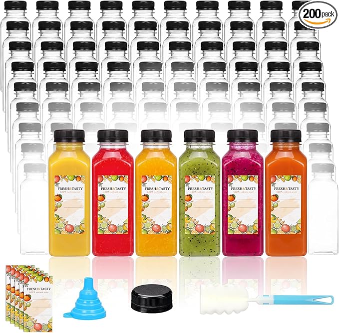 TOMNK 200pcs Juice Bottles, 12oz Reusable Plastic Juice Bottles with Caps and Labels, Funnel, Brush Beverage Containers for Juicing, Smoothies, Tea, Milk