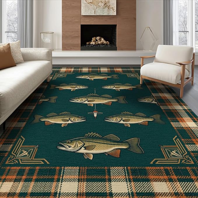 8'x10' Washable Area Rug Cabin Bass Plaid Border Vintage Baits Lure Tackle Fish Fishing Refined for Living Room, Under Sectional, Family, Non-Slip Flatwoven