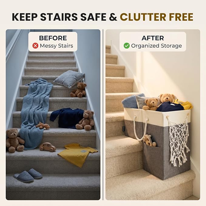 Stair Basket with Hammock for Carpeted & Wooden Stairs – Staircase Basket Organizer for Laundry, Toys, Books, Blankets & Household Storage - Large Stairstep Basket Bin with Cotton Handle