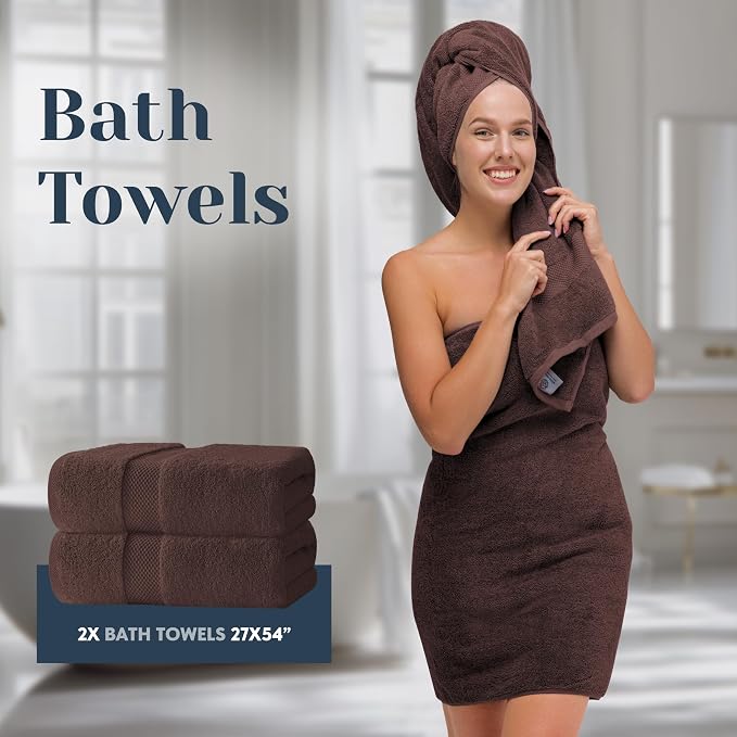 White Classic Luxury Bath Towel Set of 8 Pieces - 100% Turkish Cotton Highly Absorbent Towels for Bathroom, 2 Luxury Bath Towels 700GSM, 2 Hand Towels, 4 Washcloths, Brown